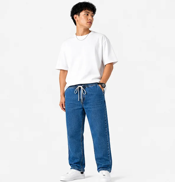 Men's Blue Drawstring Denim Joggers view 3