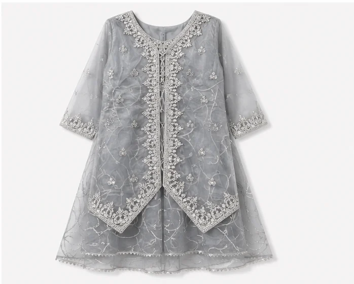 Girls Grey Embroidered Organza Suit — alternate view