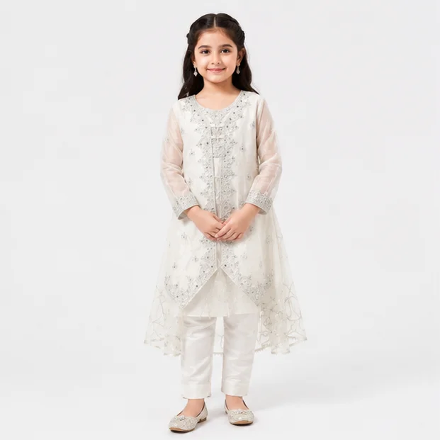 Girls White Embroidered Organza Frock Suit