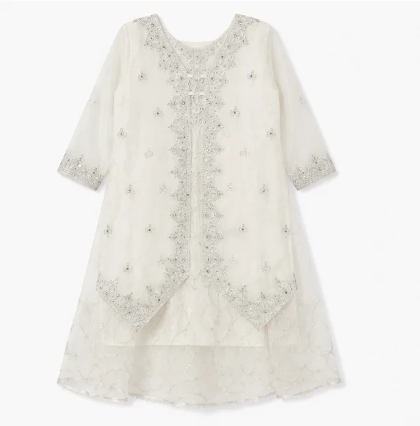 Girls White Embroidered Organza Frock Suit — alternate view