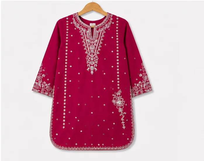 Girls Magenta Embroidered Cotton Suit — alternate view