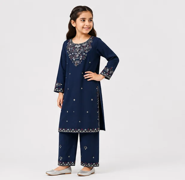 Girls Charcoal  Embroidered 2-Piece Suit view 3