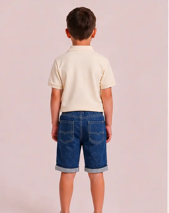 Kids' Dark Blue Denim Shorts with Striped Cuffs view 2