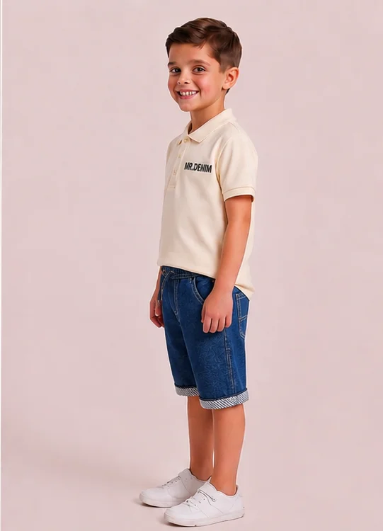 Kids' Dark Blue Denim Shorts with Striped Cuffs view 3