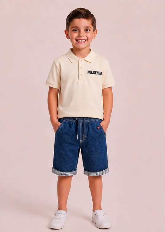 Kids' Dark Blue Denim Shorts with Striped Cuffs — alternate view