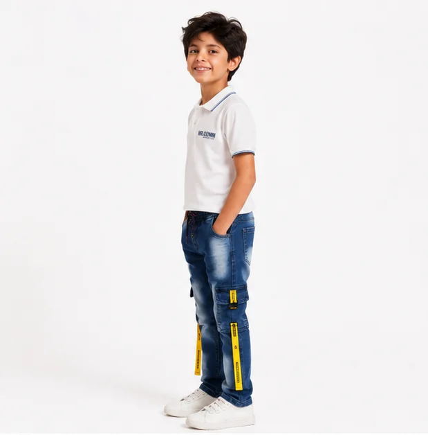 MR.DENIM Faded Blue Cargo Denim with Yellow Straps view 3