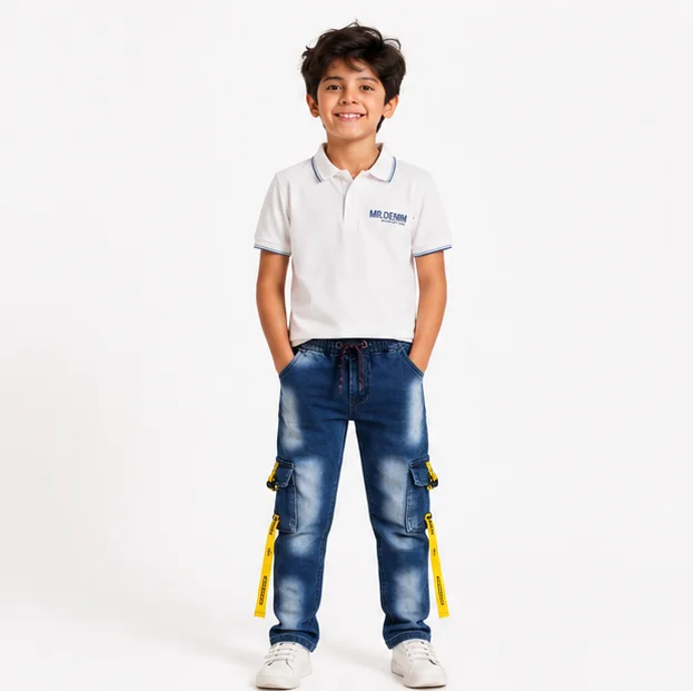 MR.DENIM Faded Blue Cargo Denim with Yellow Straps — alternate view