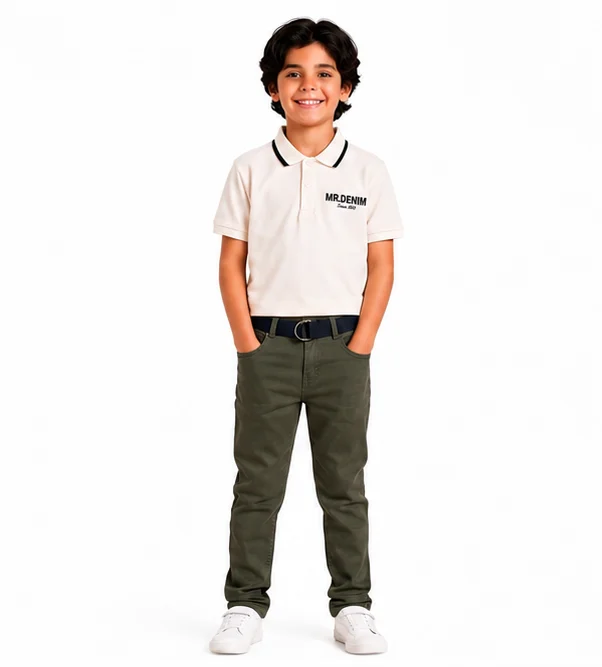 MR.DENIM Kids Olive Green Pants with Navy Belt — alternate view