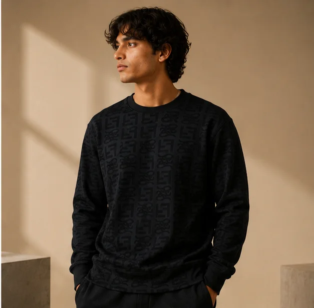 Premium Black Textured Crewneck Sweatshirt view 3