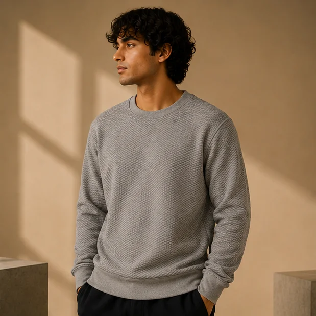 Premium Light Grey Textured Crewneck Sweatshirt view 3