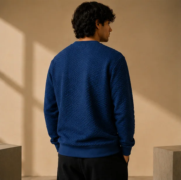 Premium Navy Blue Textured Crewneck Sweatshirt view 2