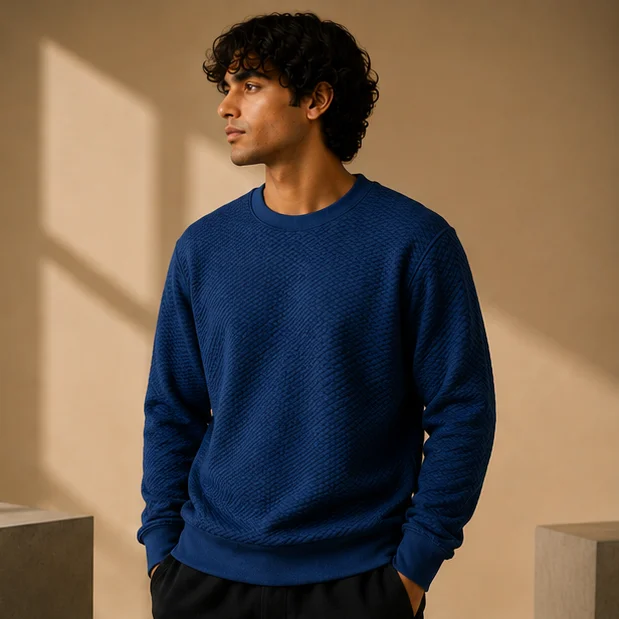 Premium Navy Blue Textured Crewneck Sweatshirt view 3
