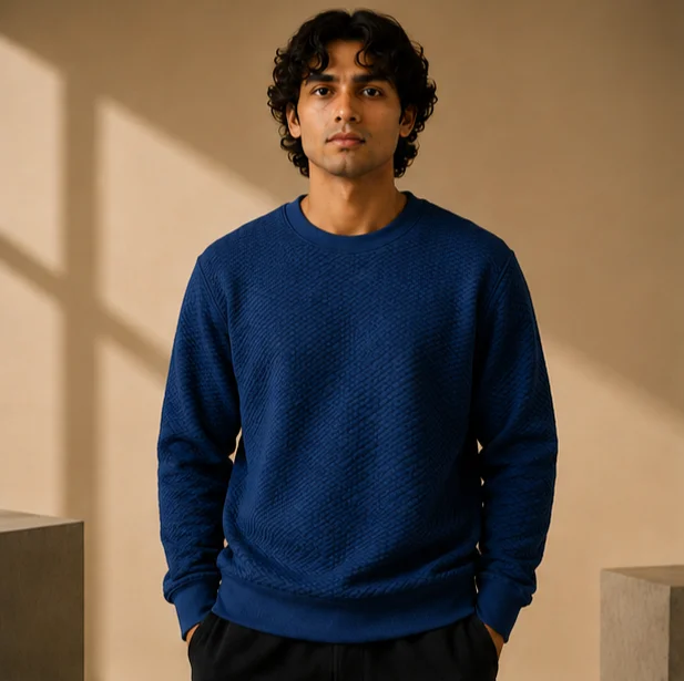 Premium Navy Blue Textured Crewneck Sweatshirt view 4