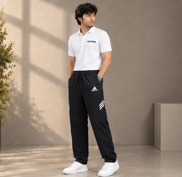 Premium Black Athletic Track Pants with White Stripes view 3