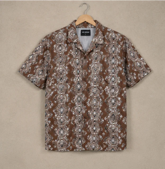 Premium Brown Geometric Print Cuban Collar Shirt
