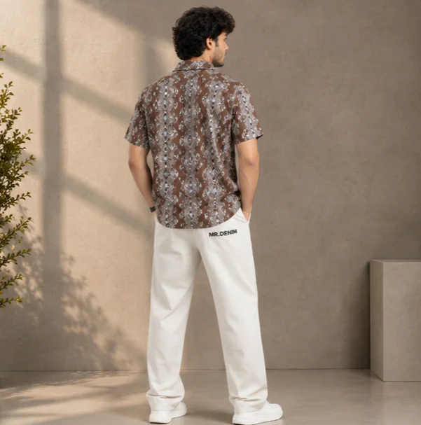 Premium Brown Geometric Print Cuban Collar Shirt view 2