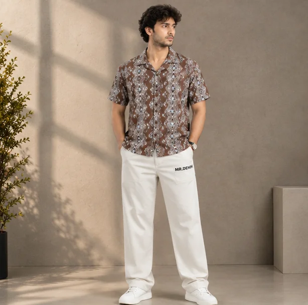 Premium Brown Geometric Print Cuban Collar Shirt — alternate view