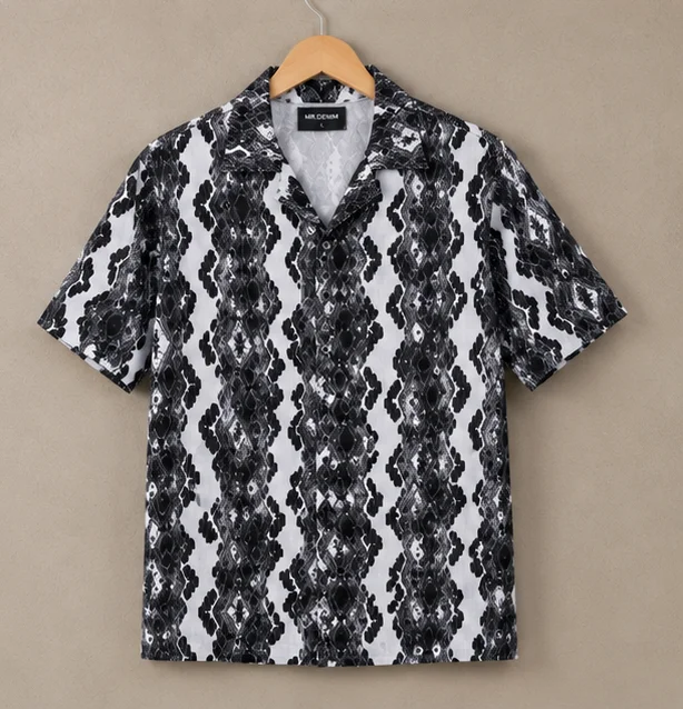 Premium Black & White Geometric Print Cuban Collar Shirt