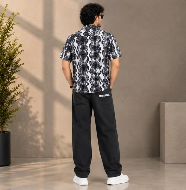 Premium Black & White Geometric Print Cuban Collar Shirt view 2