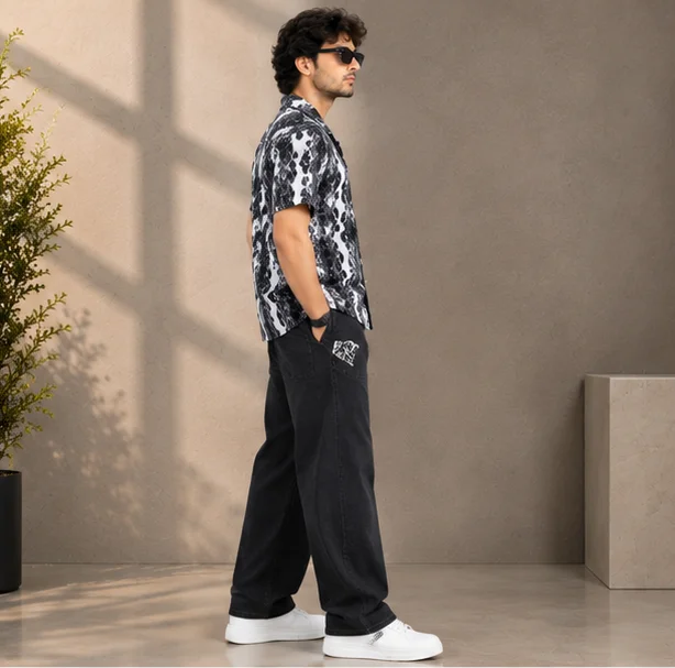 Premium Black & White Geometric Print Cuban Collar Shirt view 3