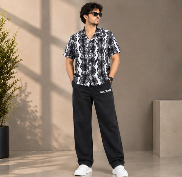 Premium Black & White Geometric Print Cuban Collar Shirt view 4