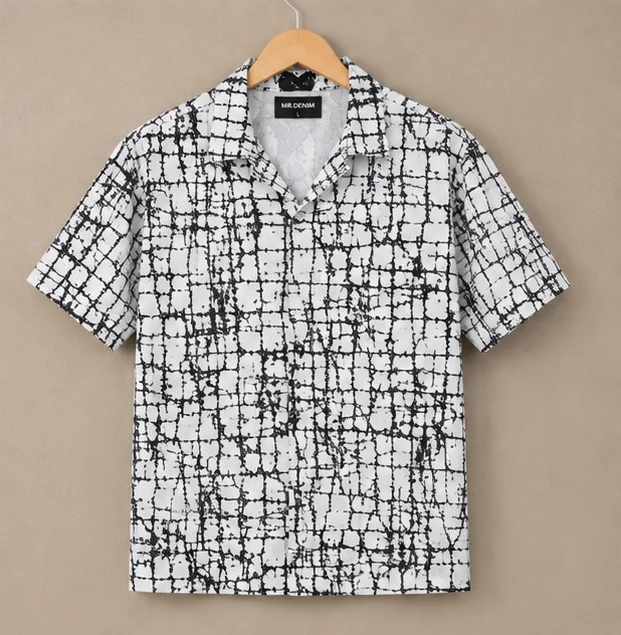 Premium White Abstract Grid Print Cuban Collar Shirt