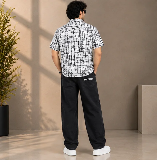 Premium White Abstract Grid Print Cuban Collar Shirt view 2