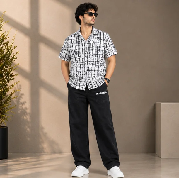 Premium White Abstract Grid Print Cuban Collar Shirt view 4