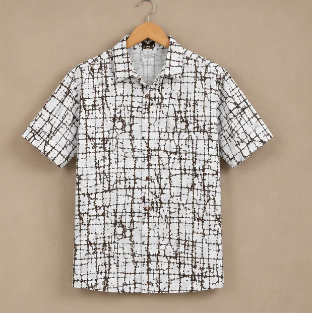 Premium White & Brown Abstract Grid Print Cuban Collar Shirt