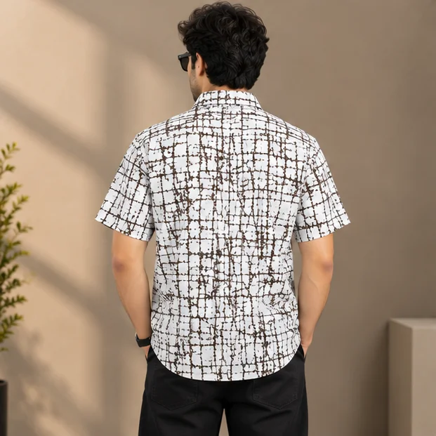 Premium White & Brown Abstract Grid Print Cuban Collar Shirt view 2