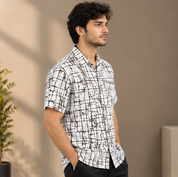 Premium White & Brown Abstract Grid Print Cuban Collar Shirt view 3