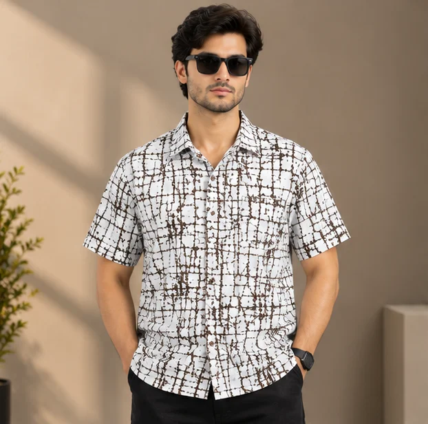 Premium White & Brown Abstract Grid Print Cuban Collar Shirt — alternate view