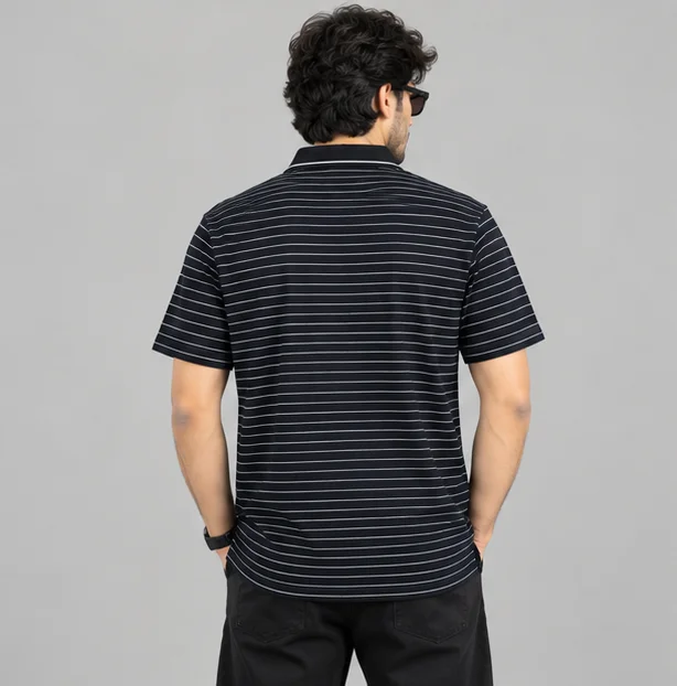 Premium Black Striped Polo T-Shirt view 2