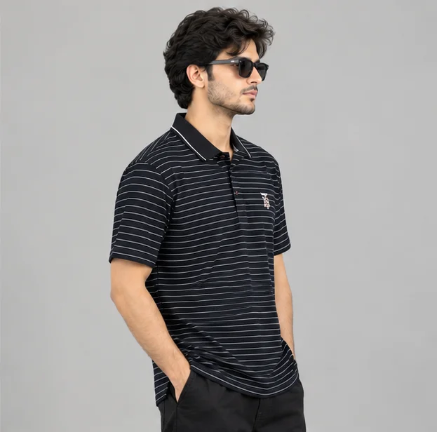 Premium Black Striped Polo T-Shirt view 3