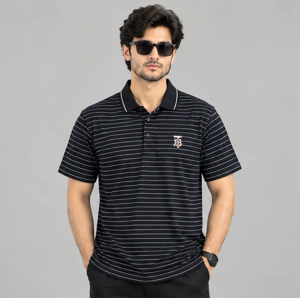Premium Black Striped Polo T-Shirt view 4