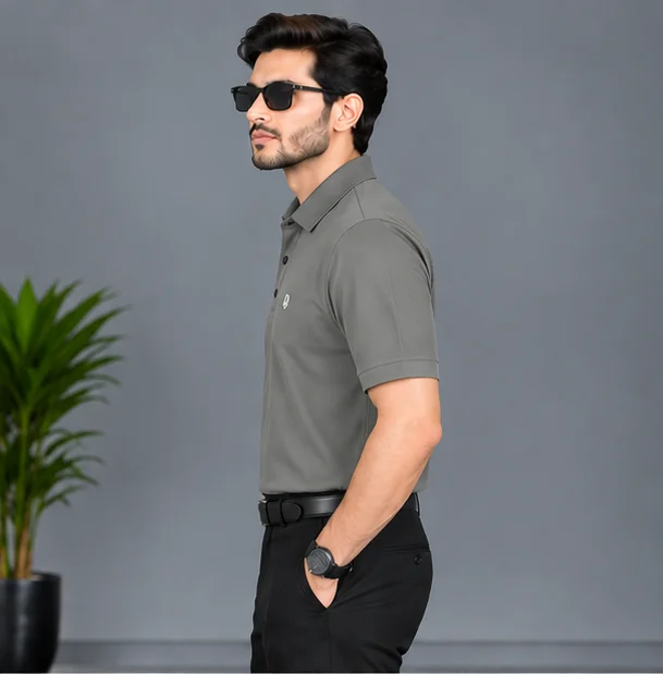 Premium Grey 4-Way Stretch Polo Shirt view 3