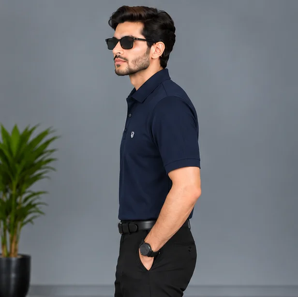 Premium Navy Blue 4-Way Stretch Polo Shirt view 3