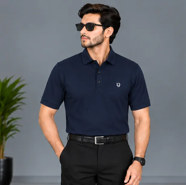 Premium Navy Blue 4-Way Stretch Polo Shirt view 4