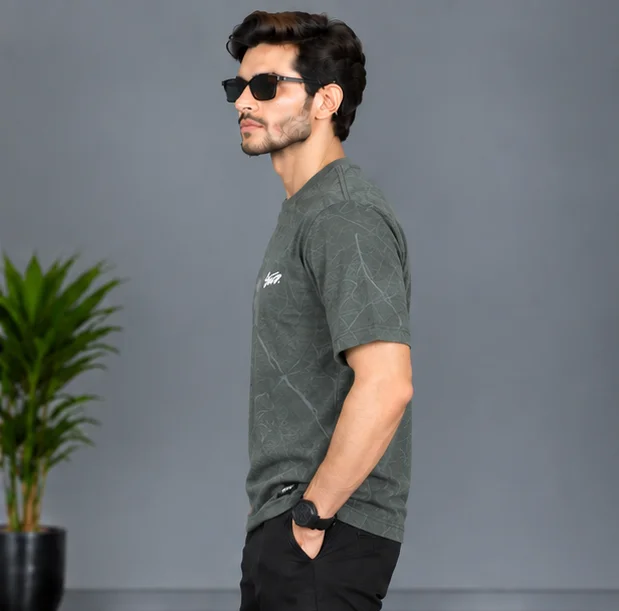 Premium Textured Olive Green Graphic T-Shirt view 3