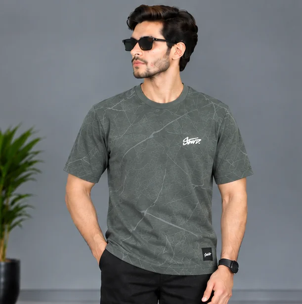 Premium Textured Olive Green Graphic T-Shirt view 4