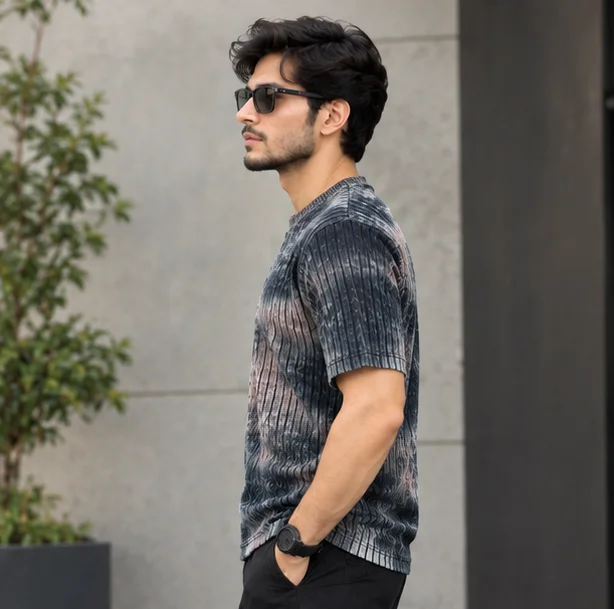 Premium Ribbed Acid Wash Charcoal Grey T-Shirt view 3