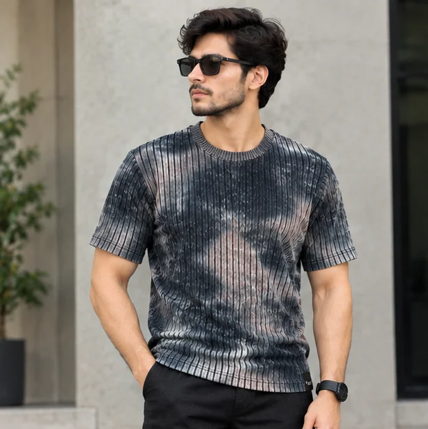 Premium Ribbed Acid Wash Charcoal Grey T-Shirt — alternate view