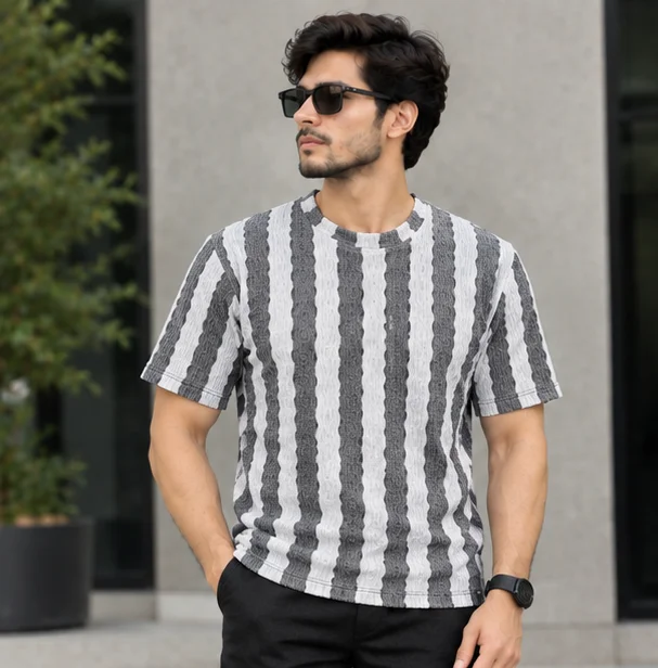 Premium Textured Grey & White Striped T-Shirt