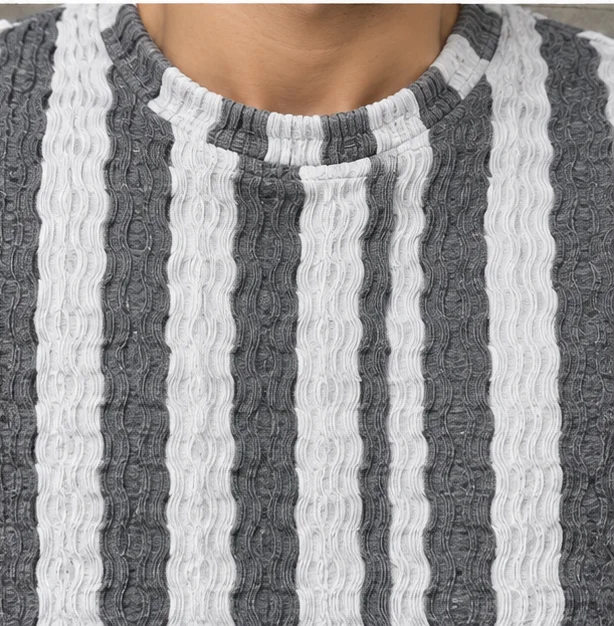 Premium Textured Grey & White Striped T-Shirt view 2