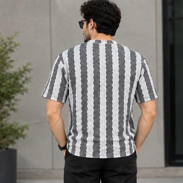Premium Textured Grey & White Striped T-Shirt view 3