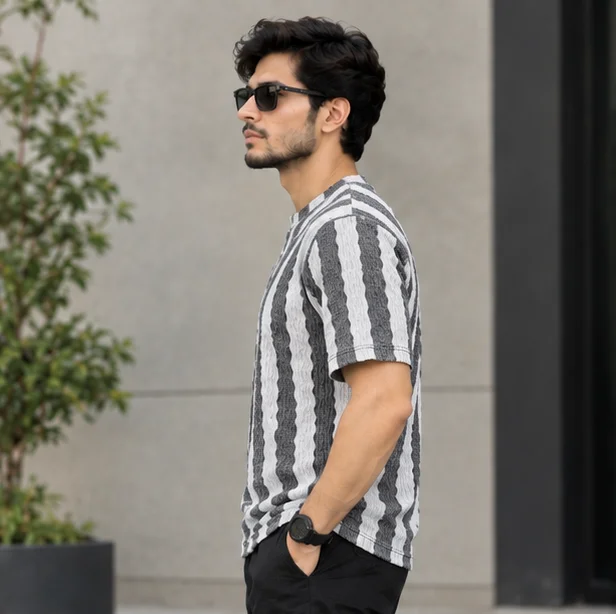 Premium Textured Grey & White Striped T-Shirt — alternate view