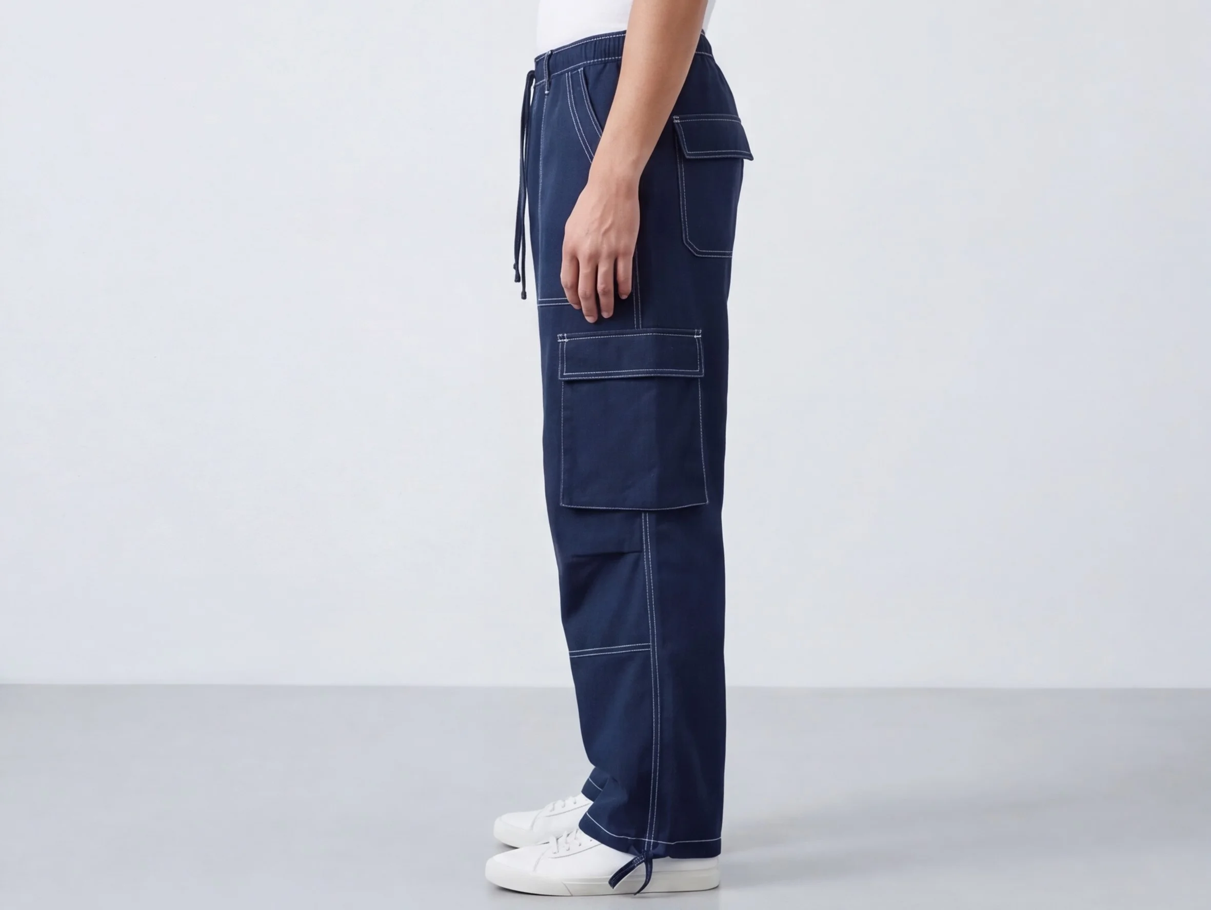 MR.DENIM Dark Navy Blue Contrast Stitch Cargo Trousers view 3