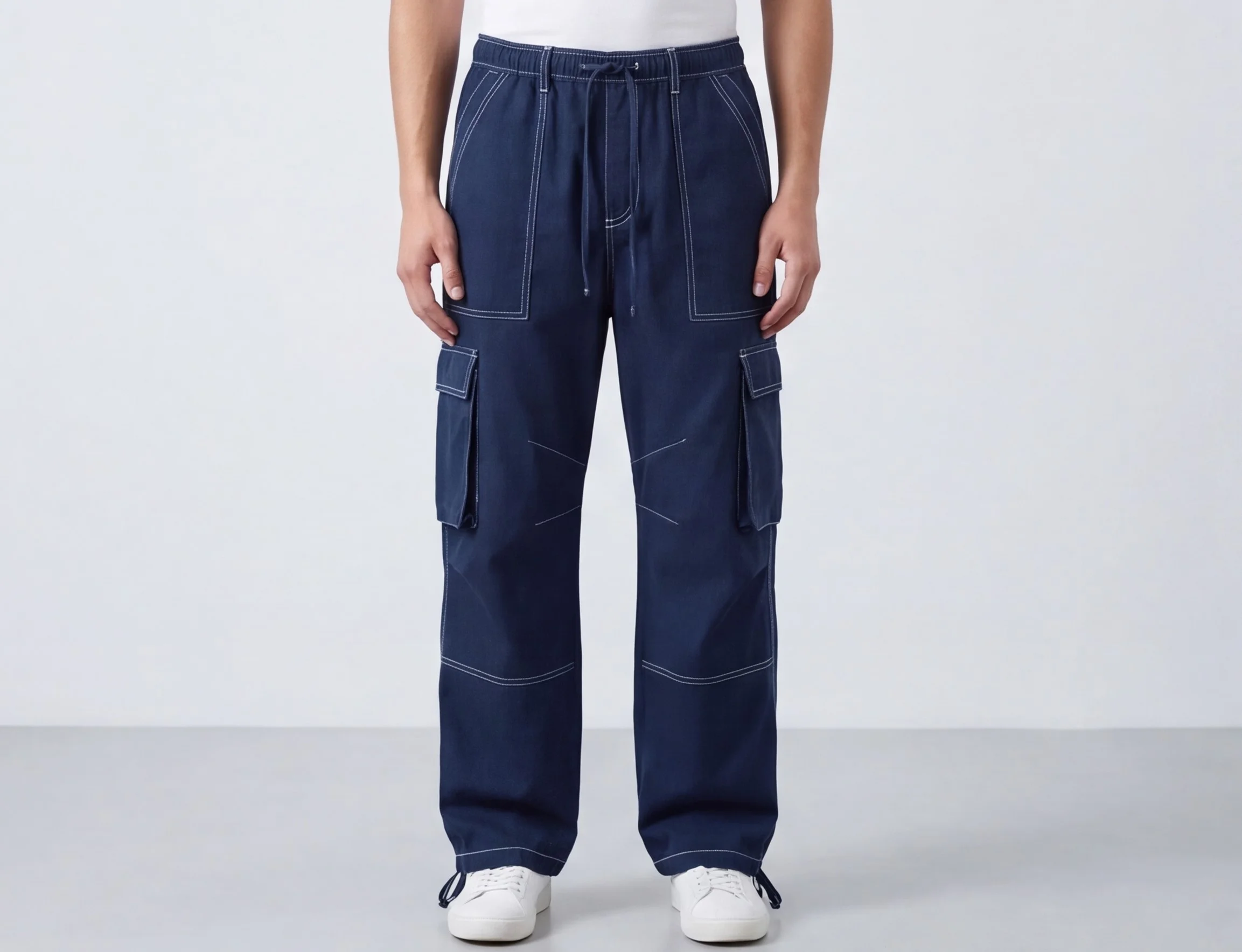 MR.DENIM Dark Navy Blue Contrast Stitch Cargo Trousers — alternate view