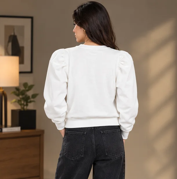 Women's White Puff Sleeve Sweatshirt view 2