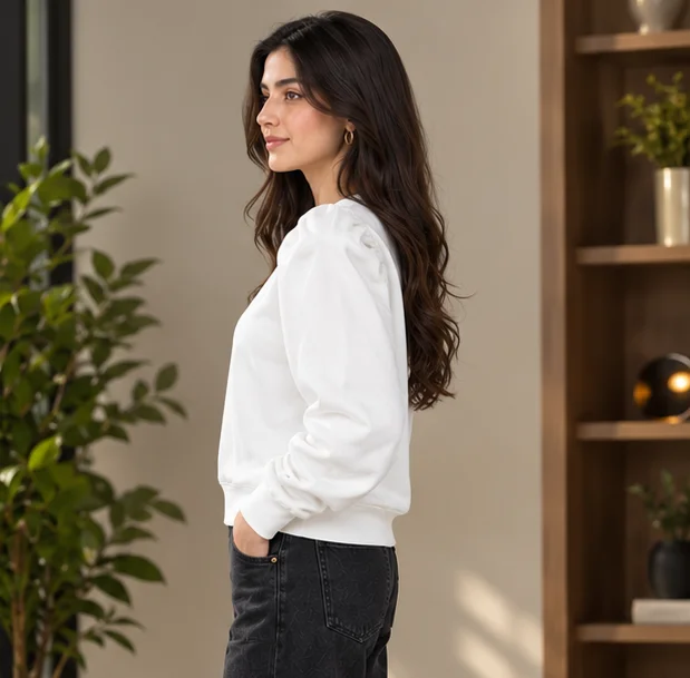 Women's White Puff Sleeve Sweatshirt view 3